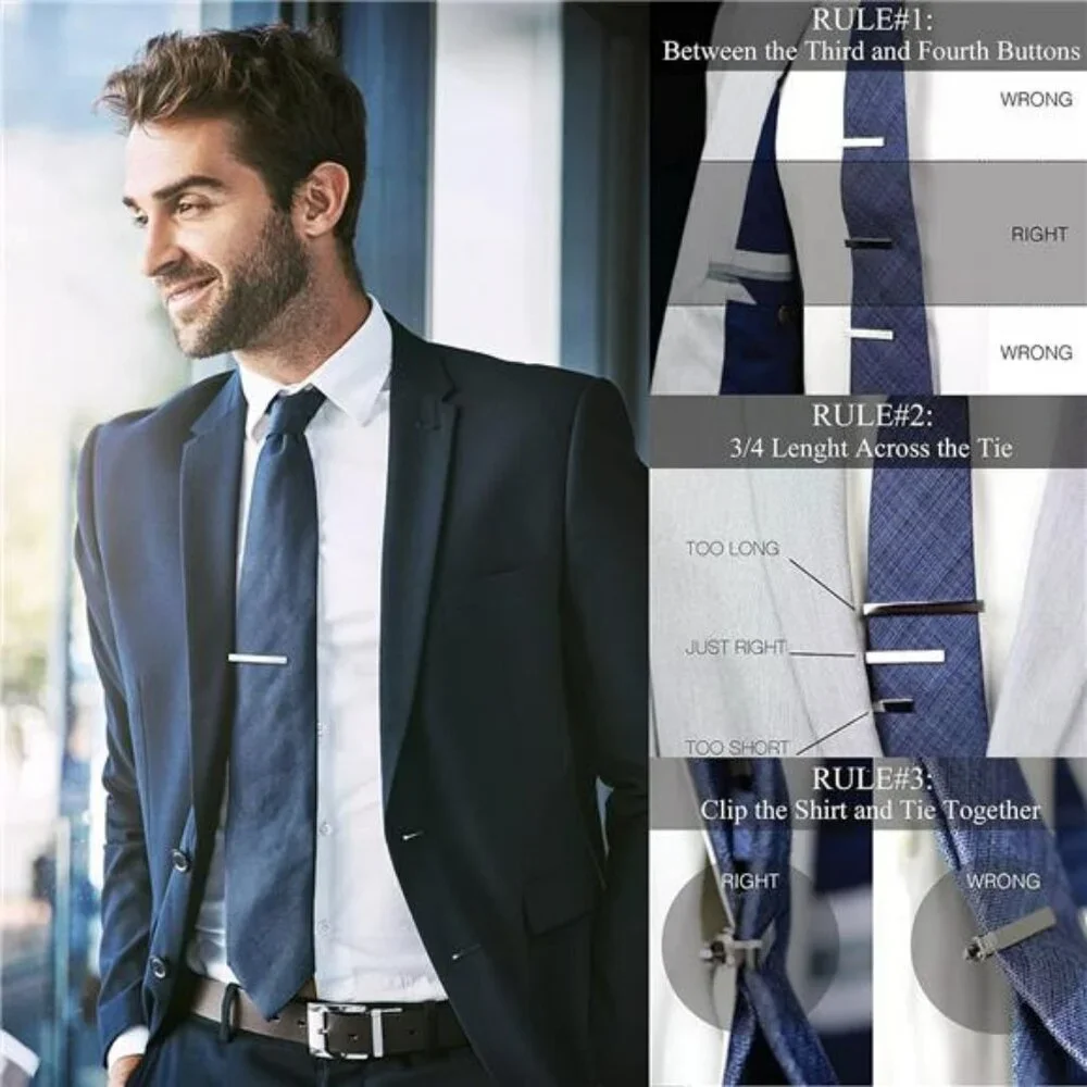 set of 3 silver tie clips stainless steel for men business wedding formal attire